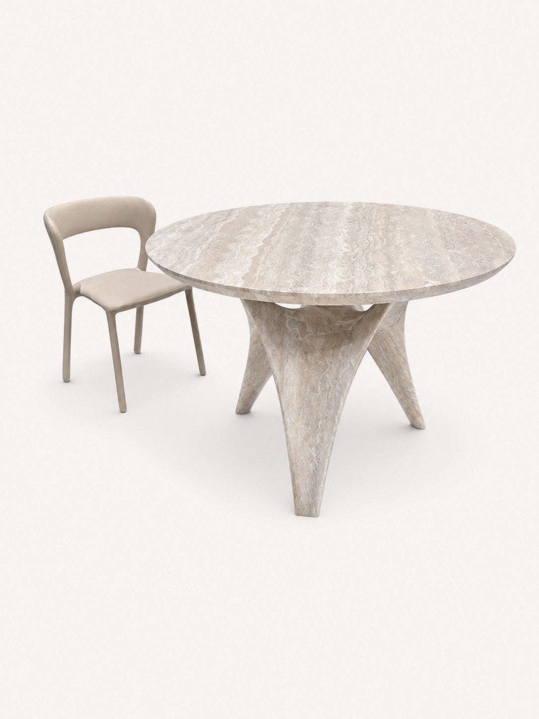 Mykonos round travertine-look dining table with sculptural pedestal, view 2
