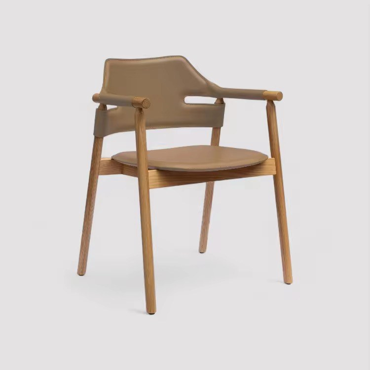 Emma dark wood dining armchair with light vegan leather upholstery, view 2