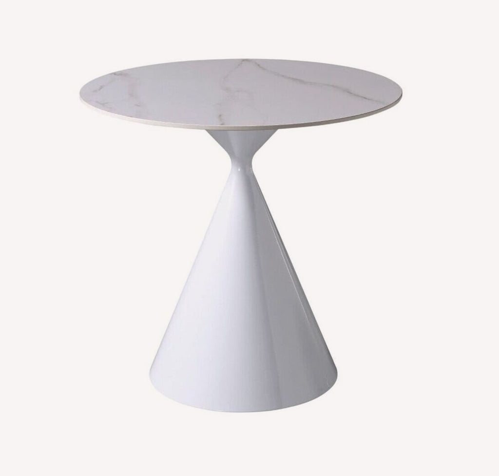 White Flower round table with marble look top on white cone base, view 2