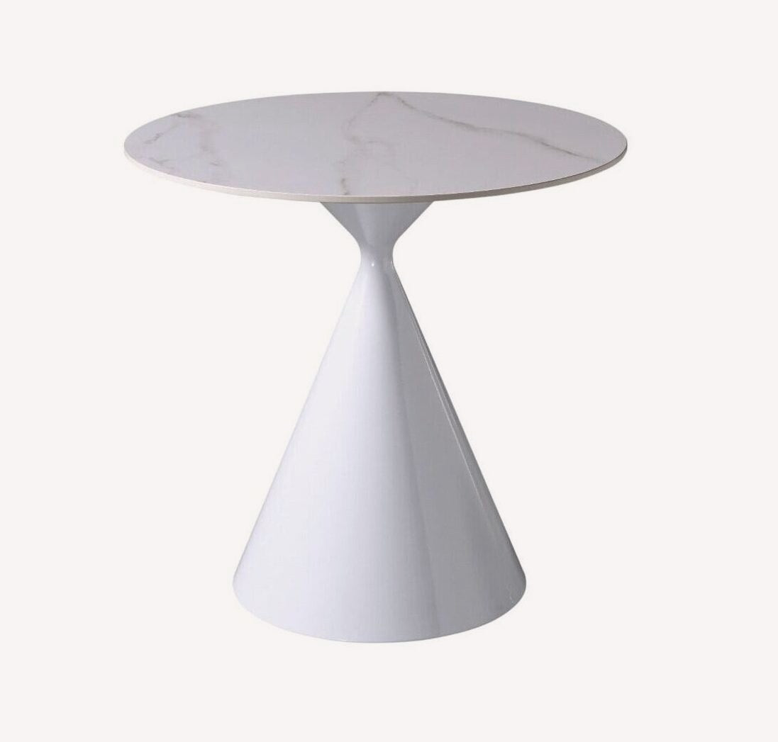 White Flower round table with marble look top on white cone base, view 2