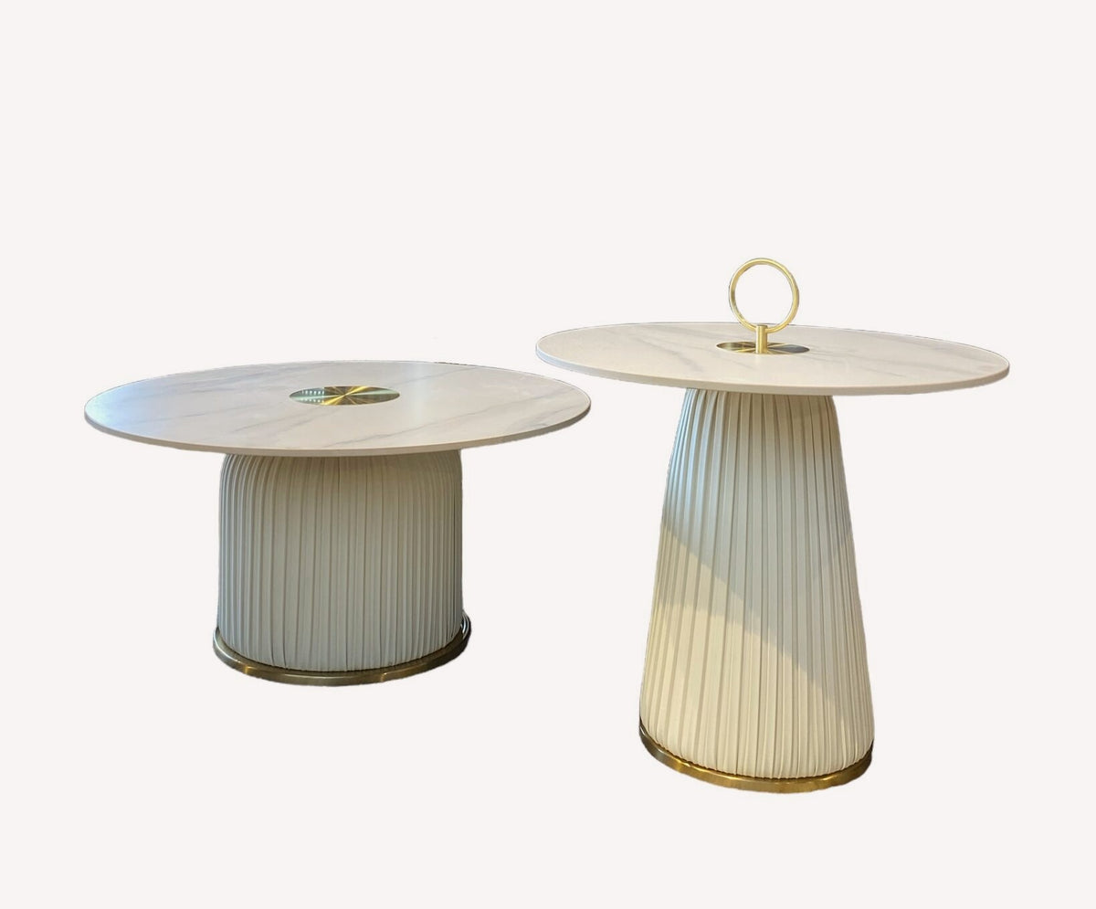 Sydney pair of marble look tables on fluted pedestals with gold details, view 2