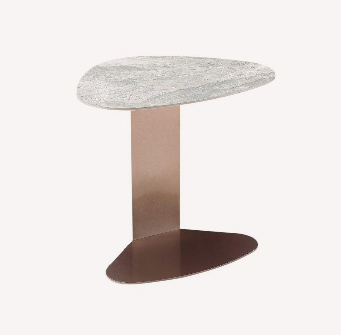 Bell C shaped side table with organic marble look top and bronze frame, view 2