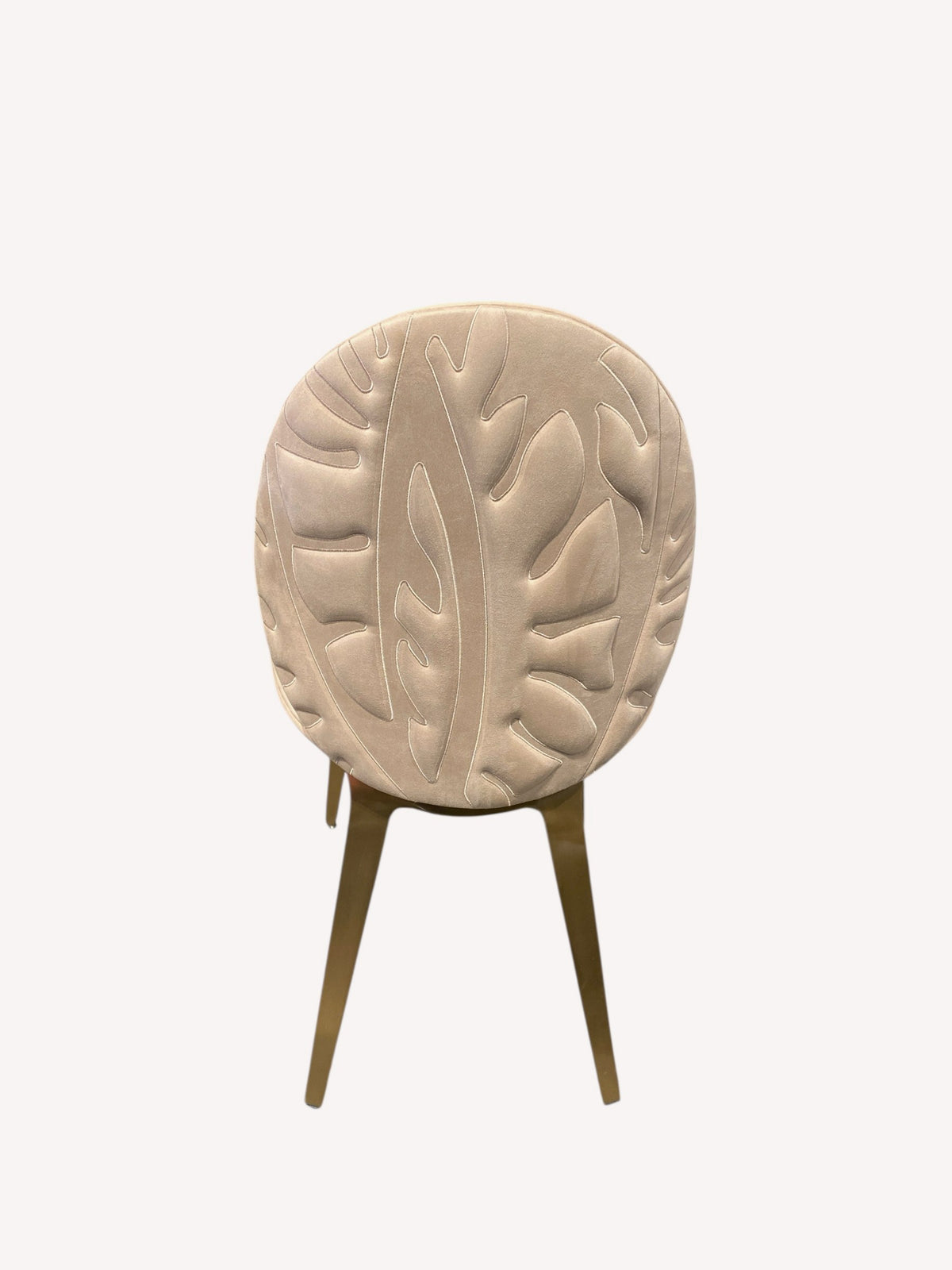 Rose beige velvet dining chair with oval back and gold legs, view 2