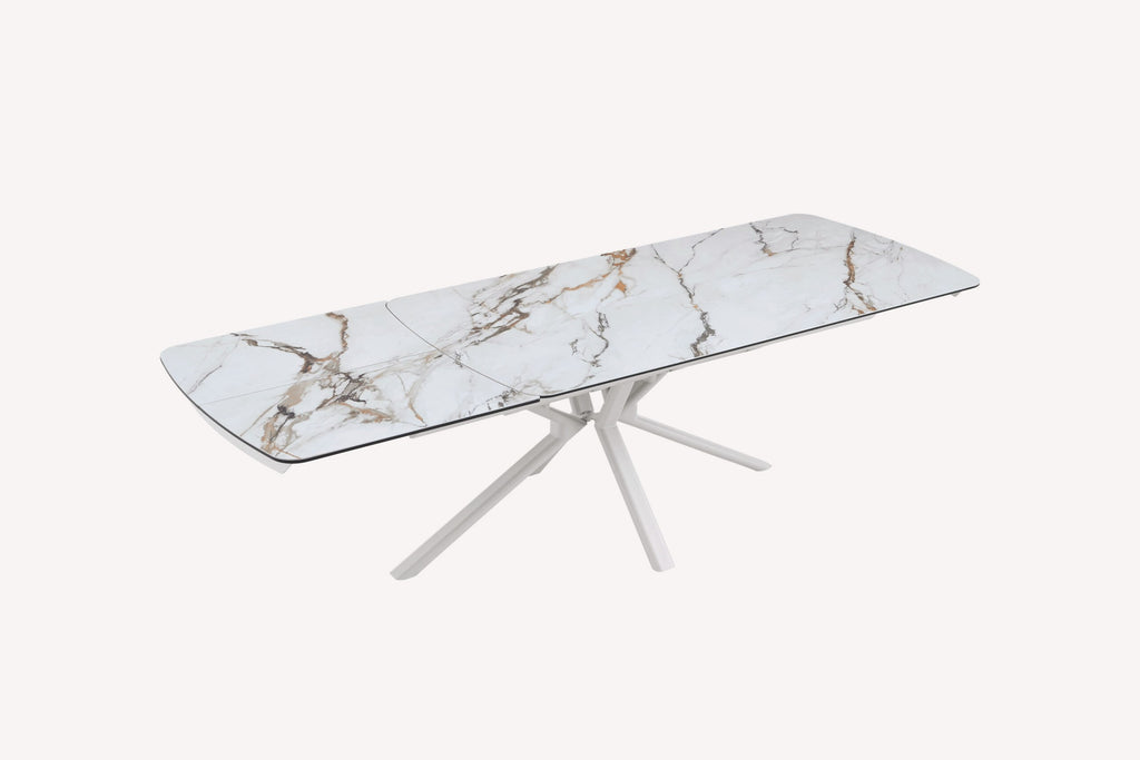 Solitaire extendable marble look porcelain dining table on white star base, view 2