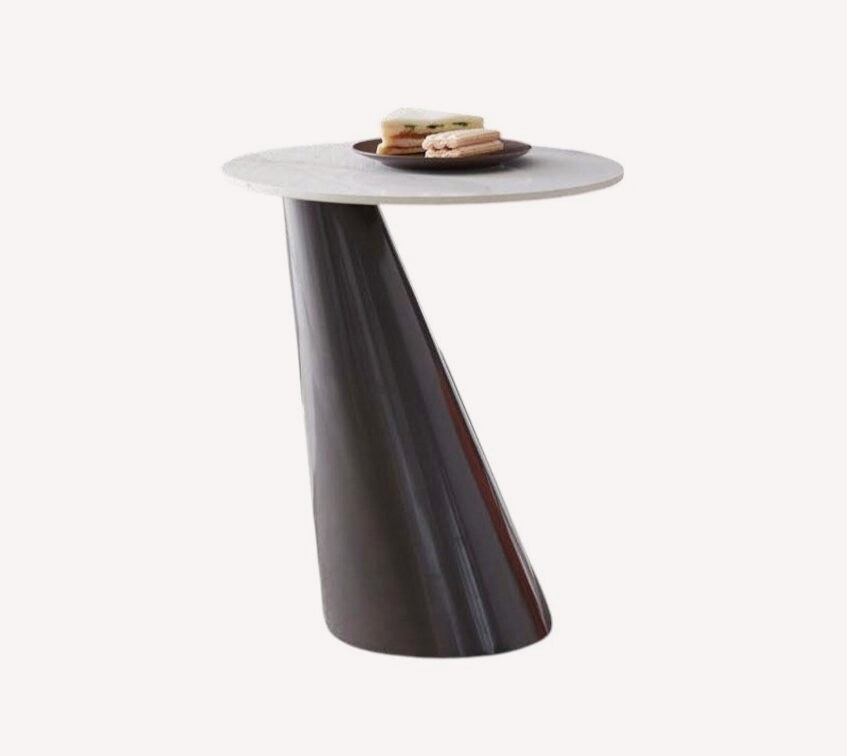 Cobra side table with marble look top on twisting dark column, view 2