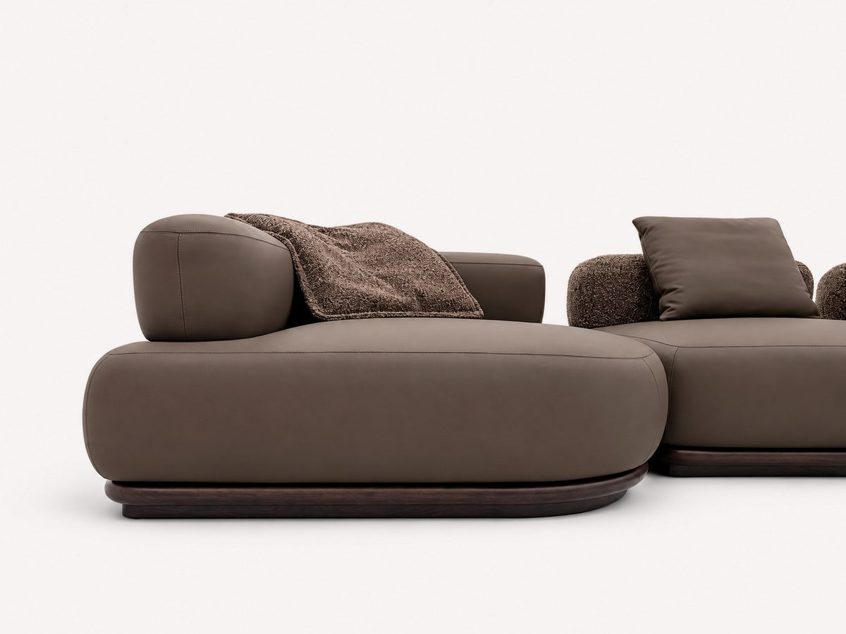 Lumina modular sectional on rounded wood base with integrated side tables, view 2