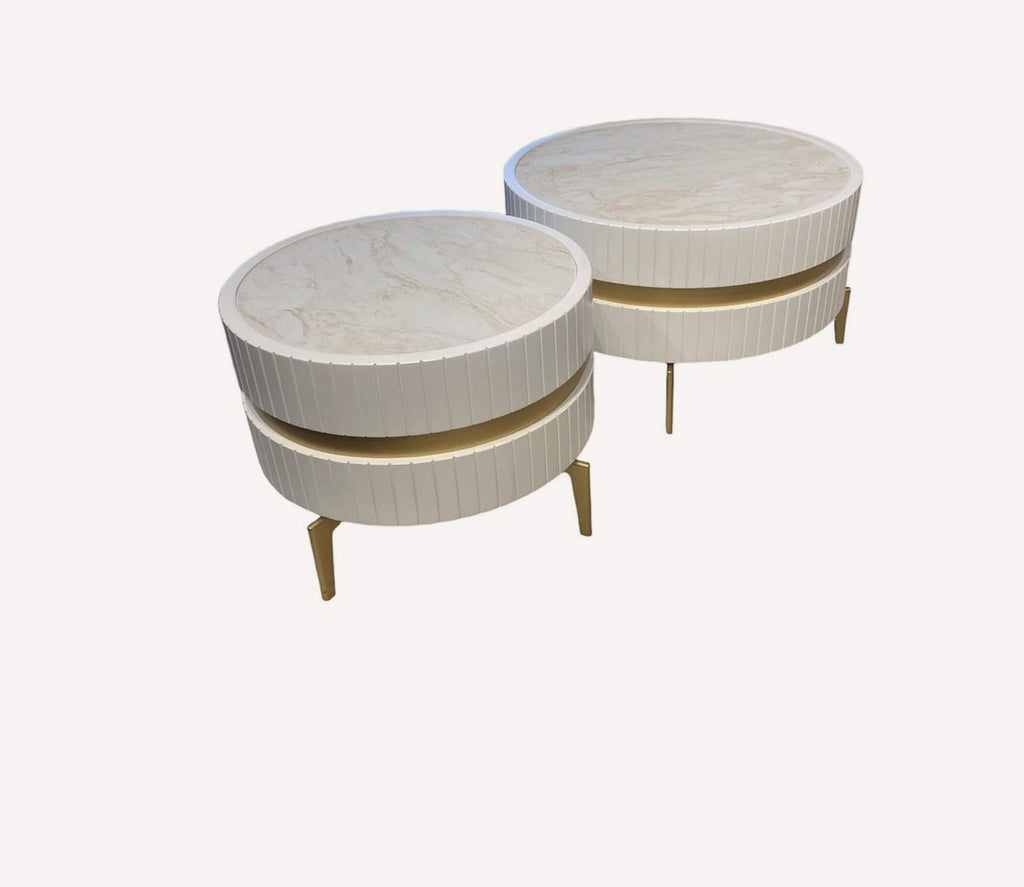 Sunny pair of fluted ivory drum tables with gold band, view 2