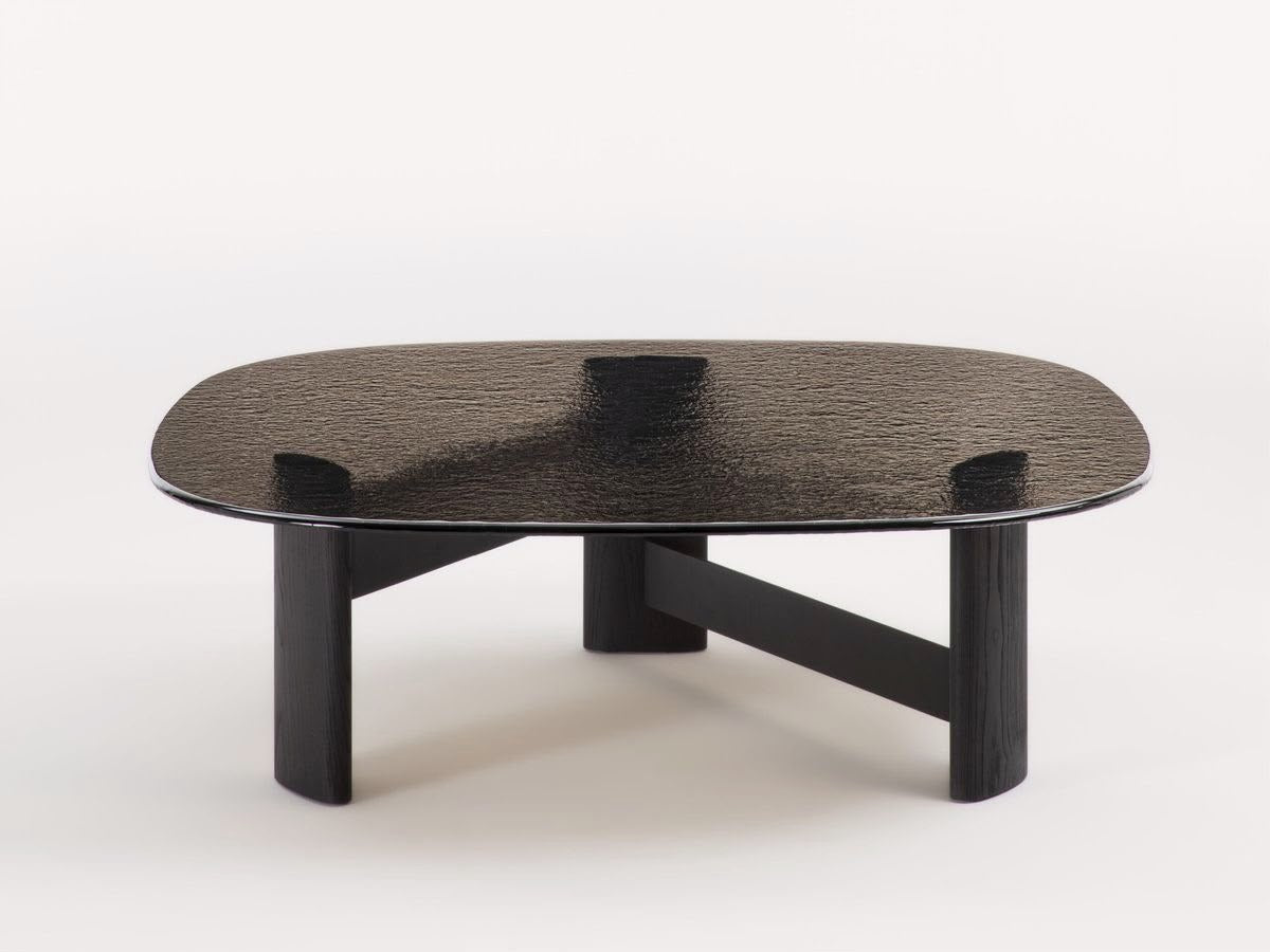 Noir coffee table with smoked glass top on black geometric wood base, view 2