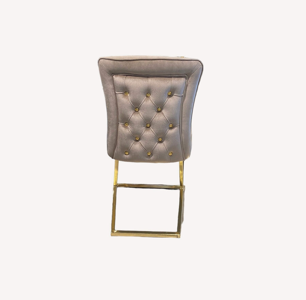 Calvin button tufted velvet dining chair on gold sled legs, view 2