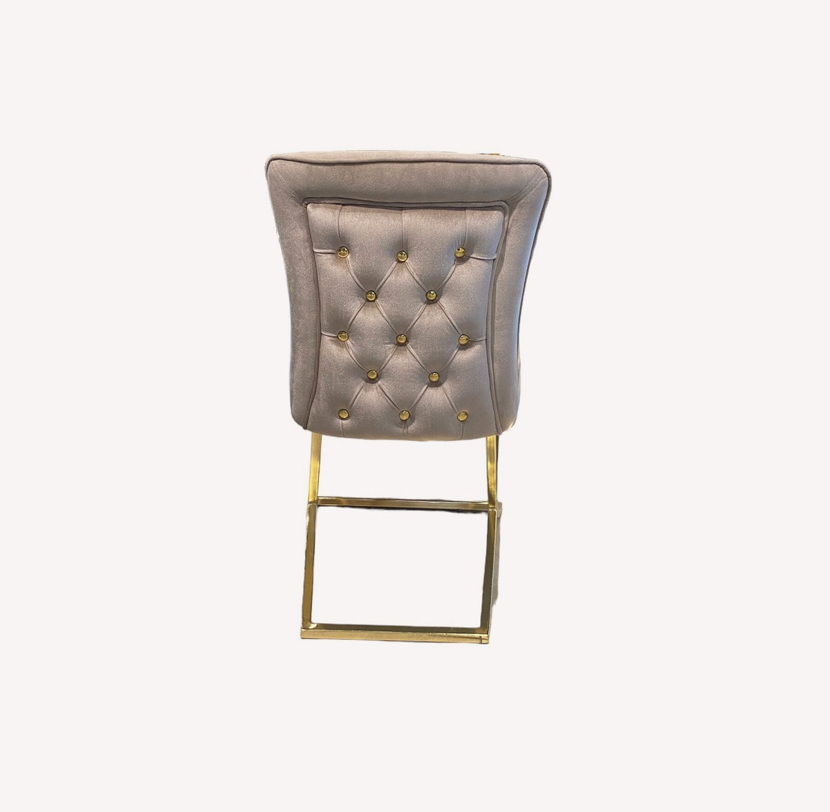 Calvin button tufted velvet dining chair on gold sled legs, view 2