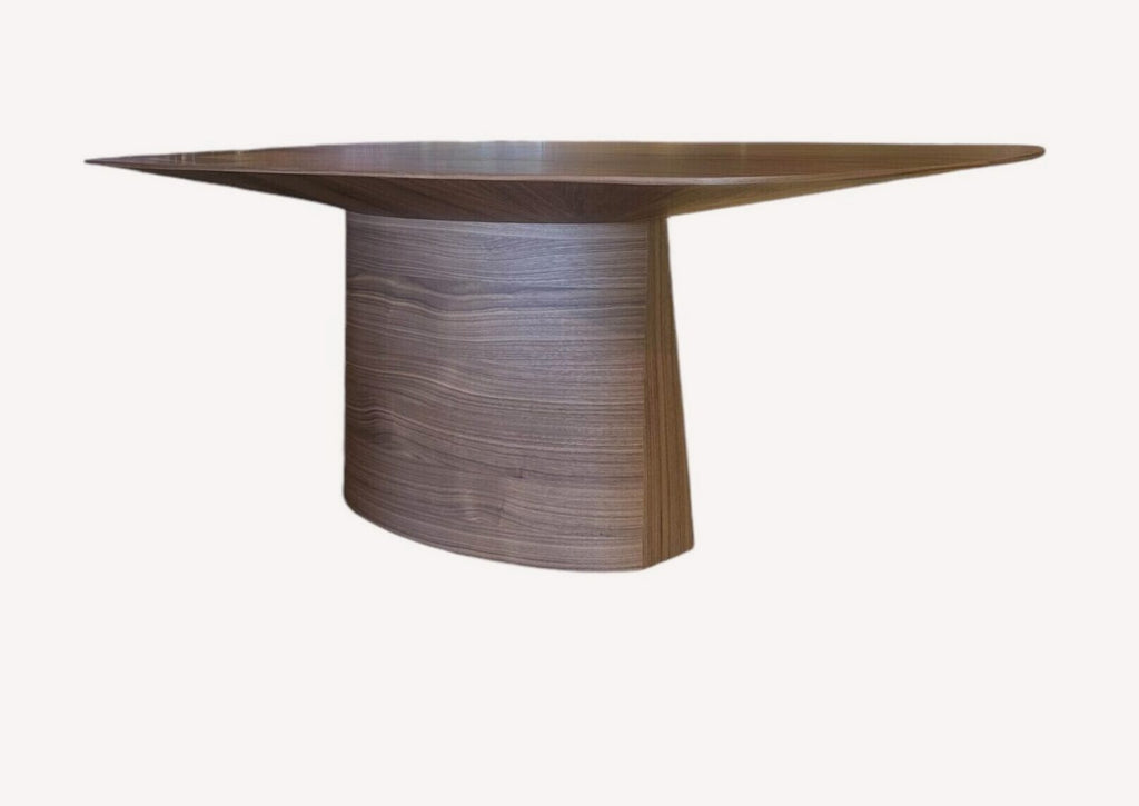 Teak walnut veneer dining table on drum pedestal, view 2