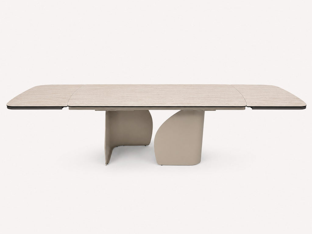 Arca extendable travertine-look porcelain dining table on rounded base, view 2