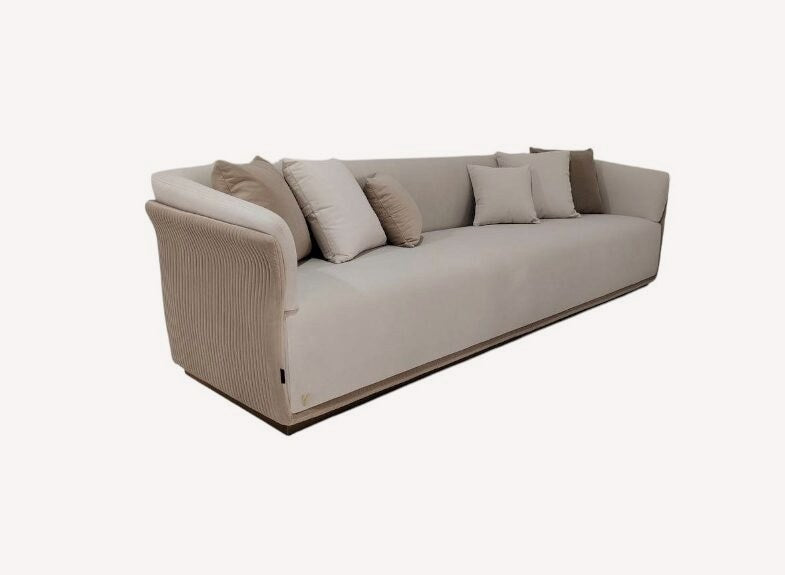 Christy long low greige sofa with curved arms, view 2