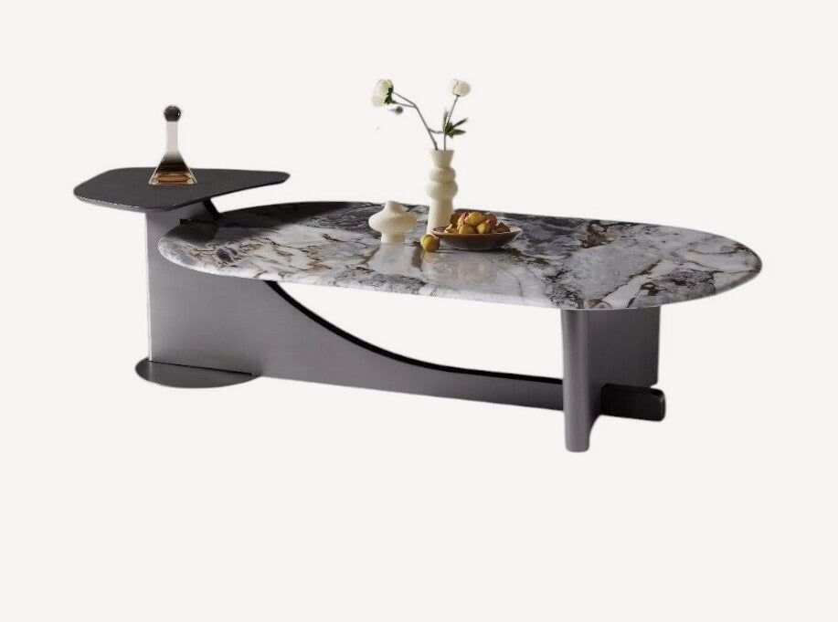 Art two level coffee table with marble look top and dark gray tray, view 2