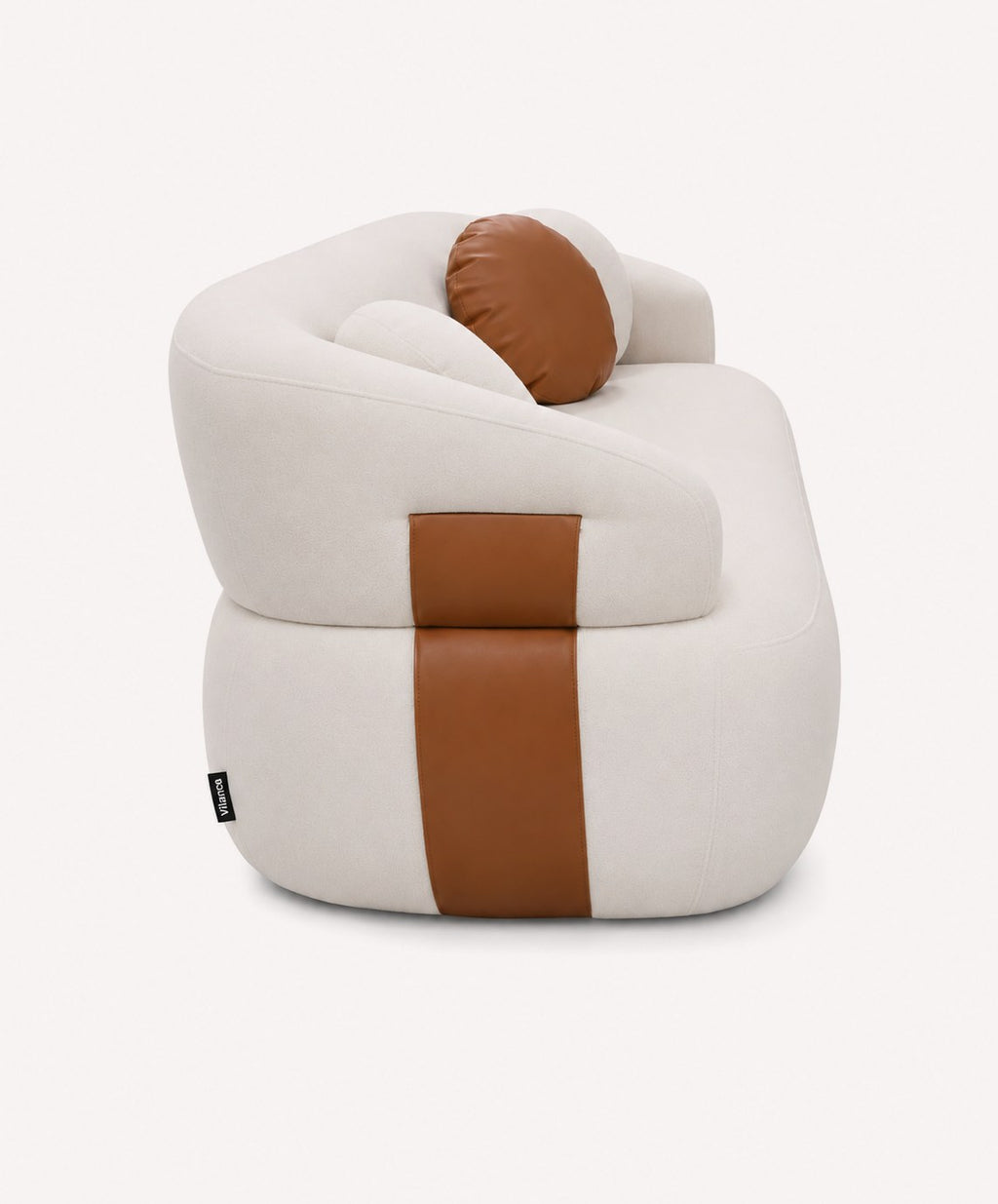 Mila 76 inch curved sofa with round bolsters in woven fabric, view 2
