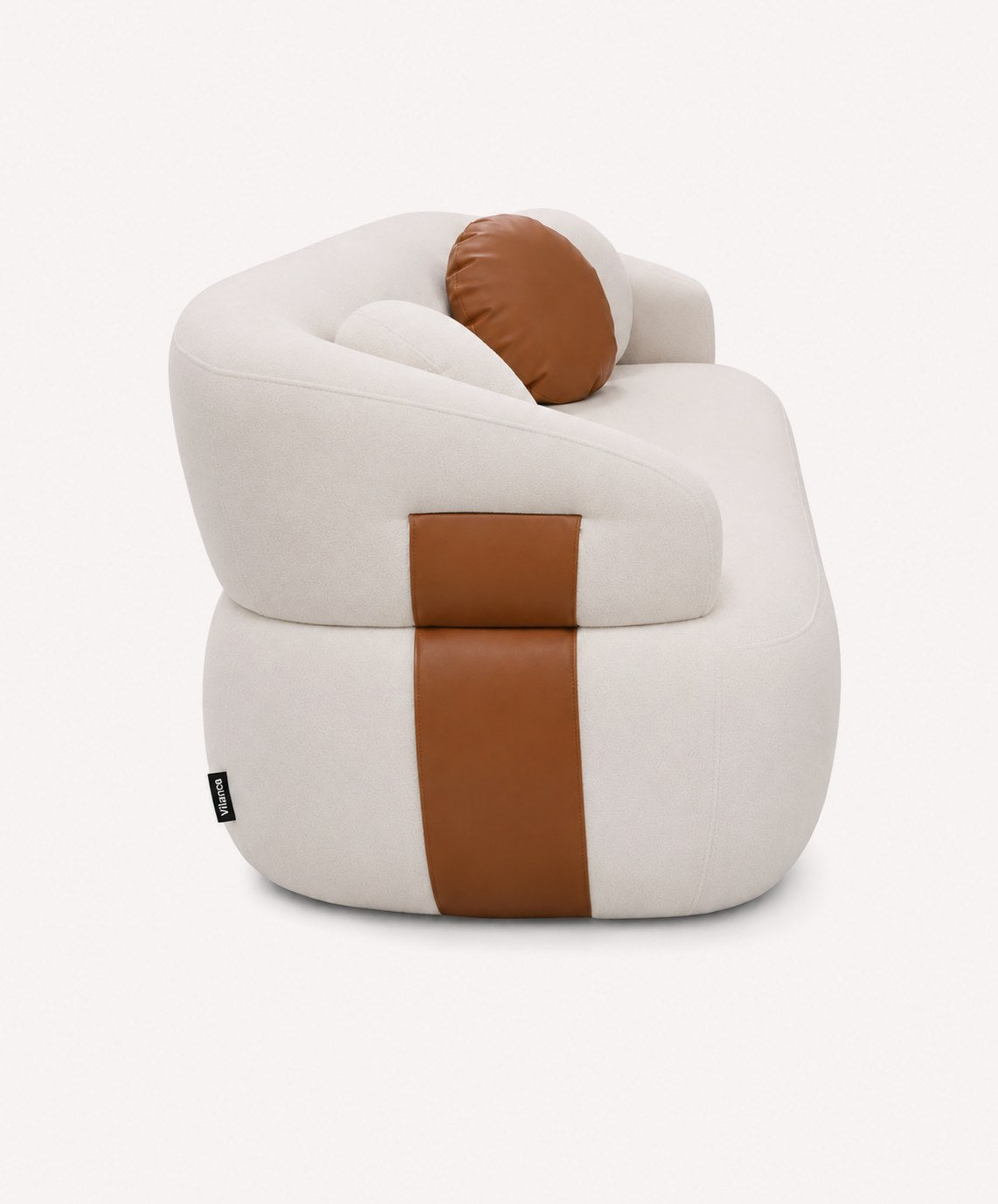 Mila 76 inch curved sofa with round bolsters in woven fabric, view 2