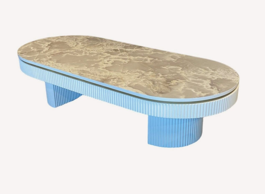 Orlando fluted white coffee table with marble look oval top, view 2