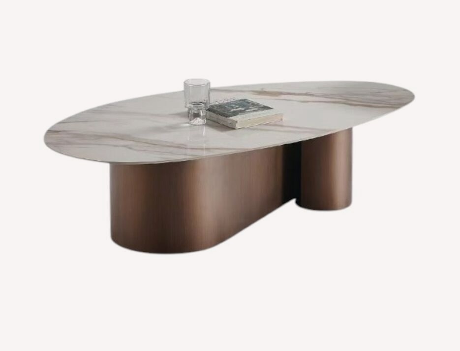 Lali organic marble look coffee table on bronze pillars, view 2