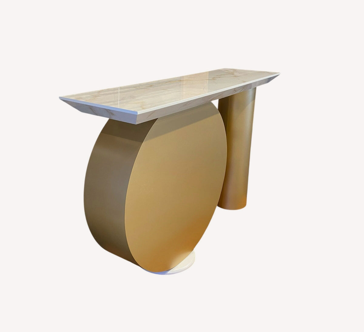 Alpha console with gold disc and cylinder base and marble look top, view 2