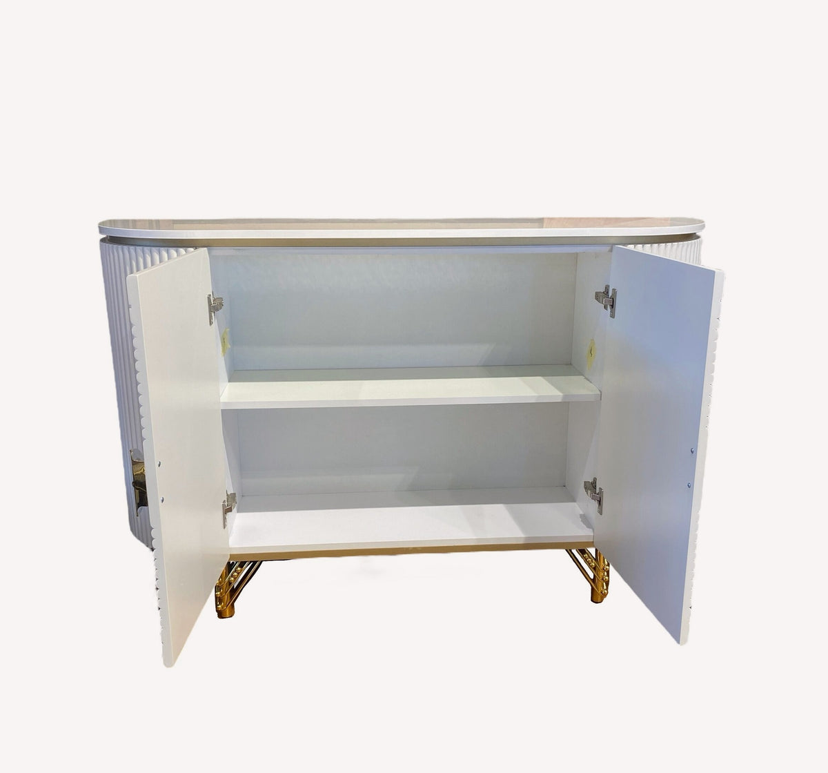 Valencia white sideboard with concentric circle doors and gold legs, view 2