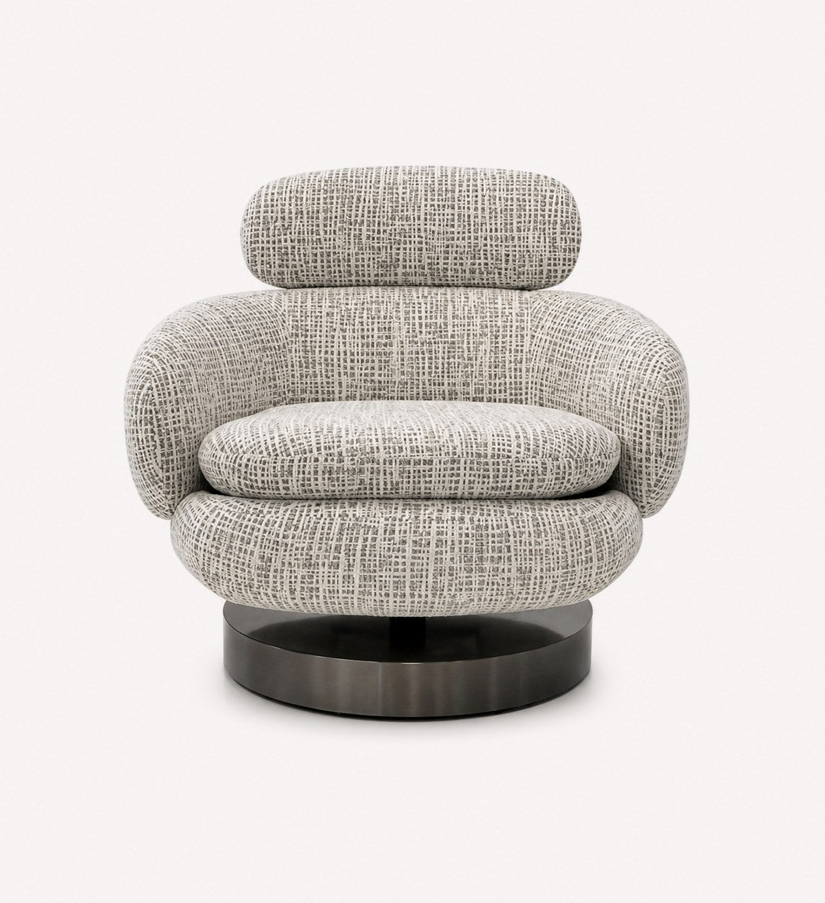 Nola sculptural swivel accent chair with rounded headrest and dark round base, view 2