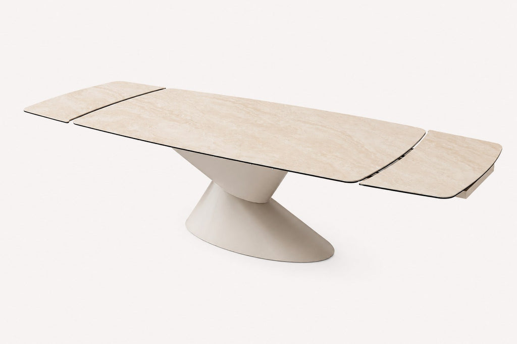 Tornado extendable travertine-look dining table on sculptural base, view 2