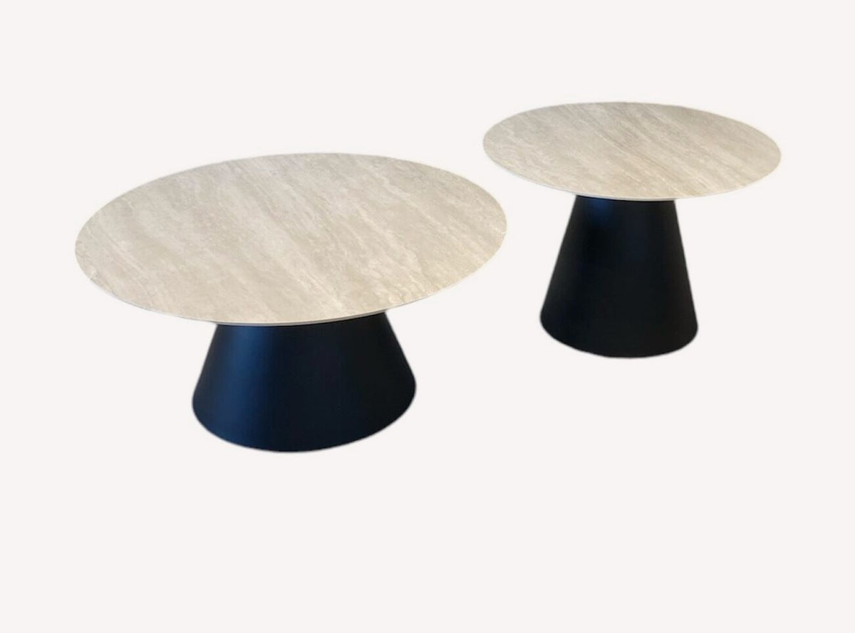 Verona pair of round travertine look tables on black cones, view 2