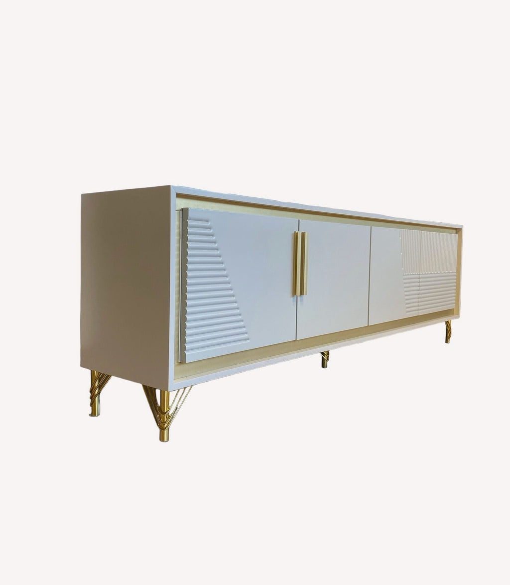 Toronto long white fluted media console with gold frame, view 2