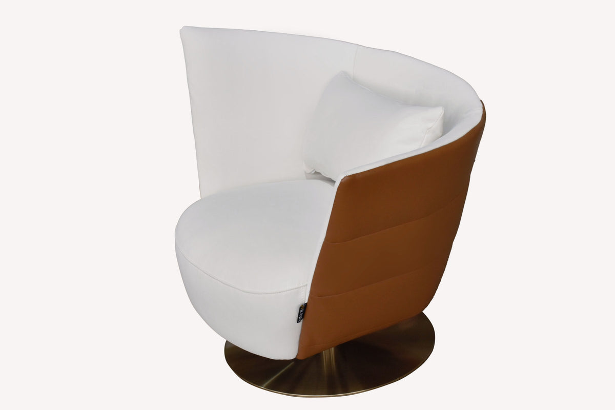 Shavit white petal shaped swivel chair with cognac edge and bronze base, view 2