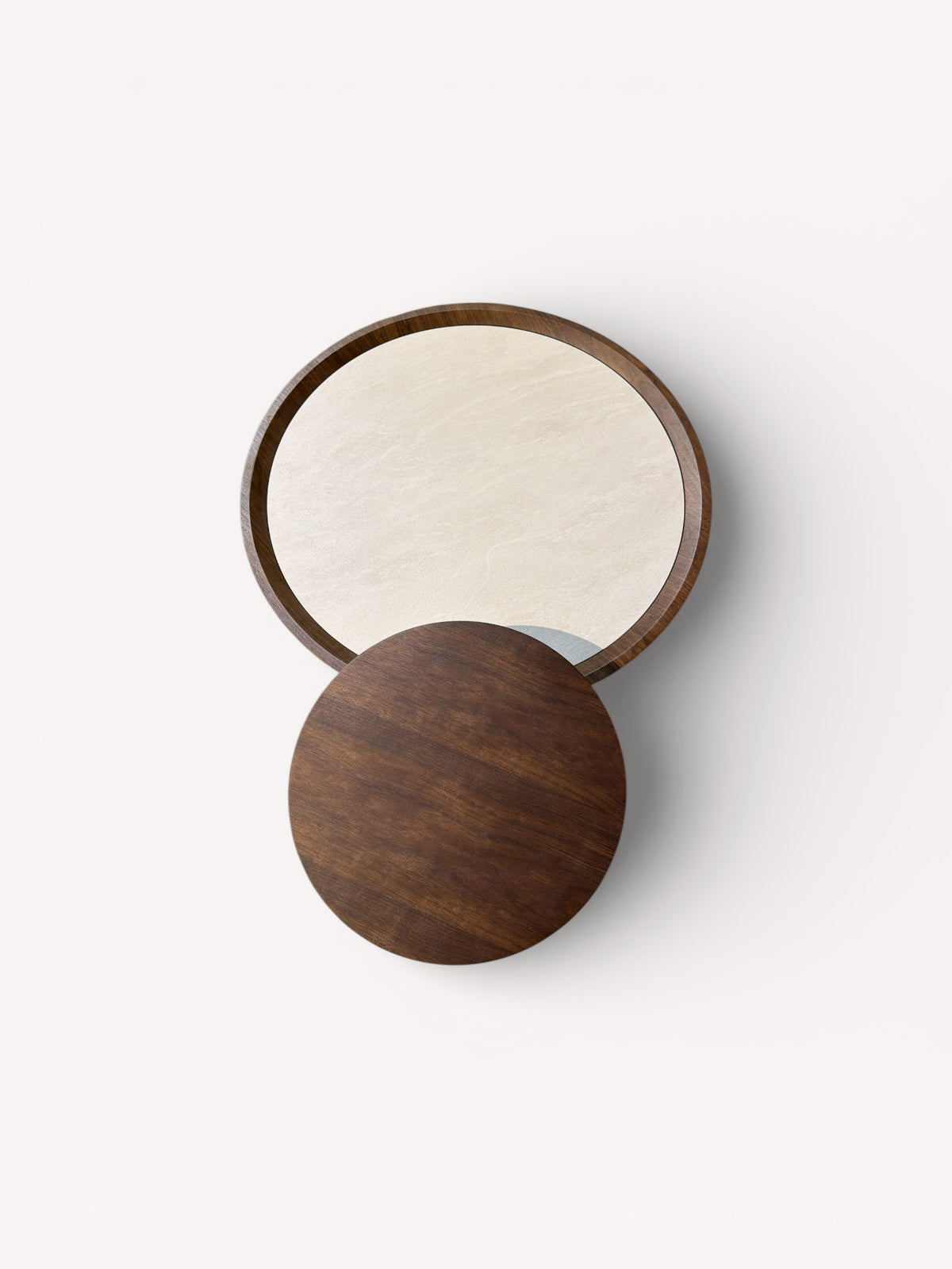 Milano pair of round walnut coffee tables on stone bases, view 2