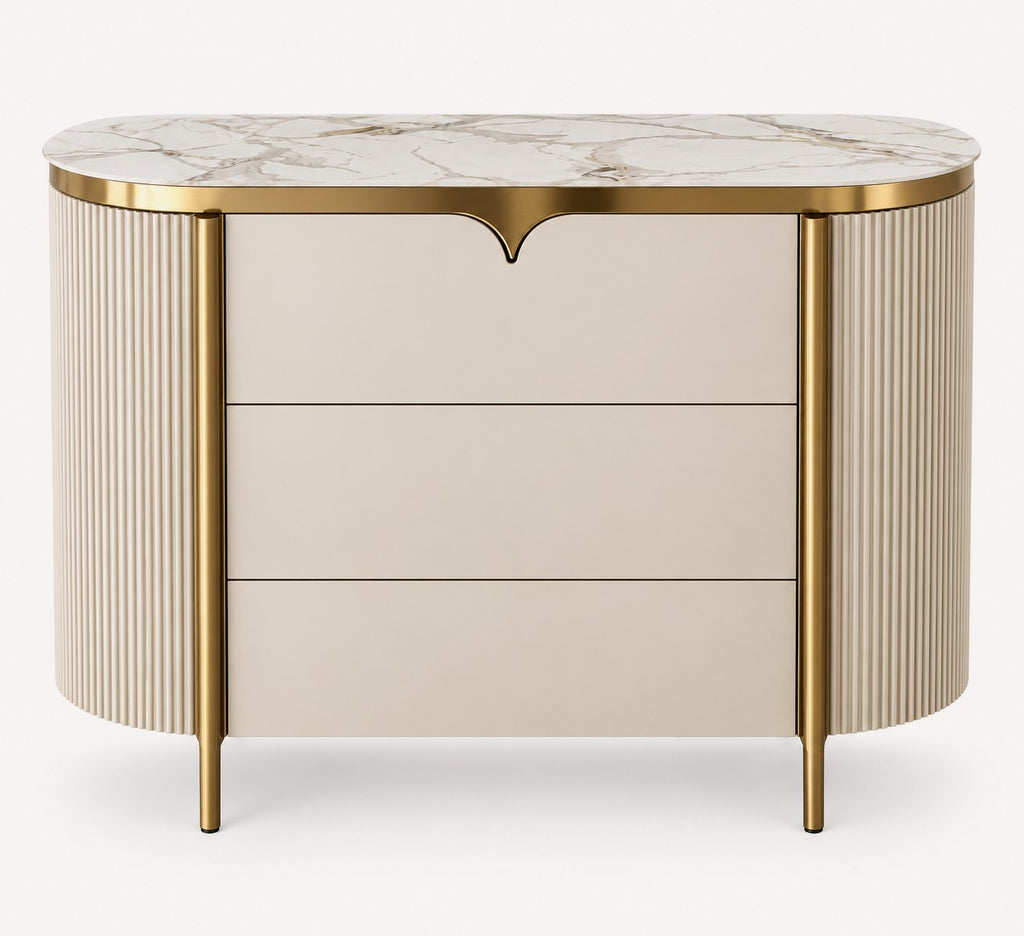 On rounded sideboard with porcelain sintered stone top and metal accents, view 2
