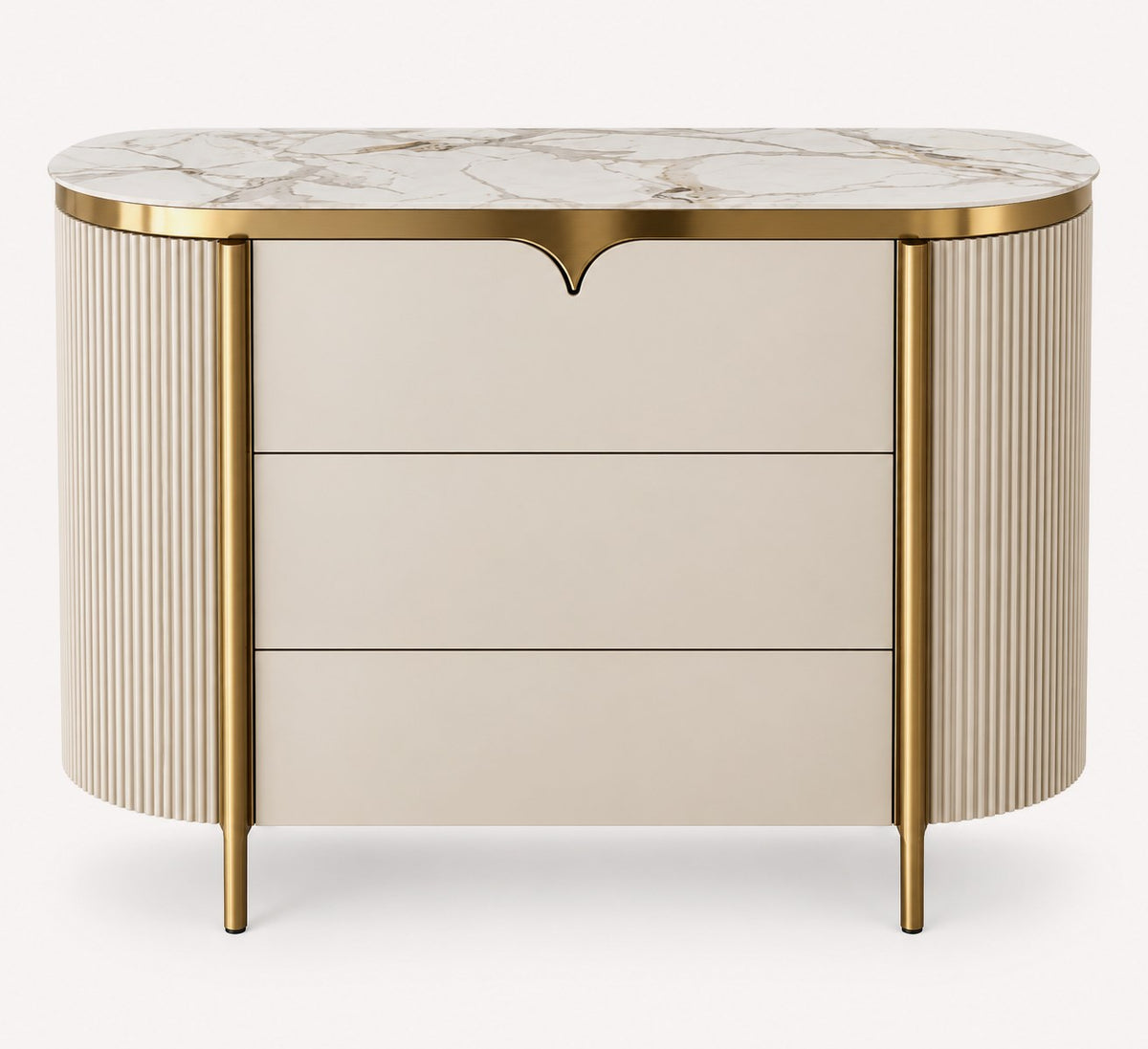 On rounded sideboard with porcelain sintered stone top and metal accents, view 2
