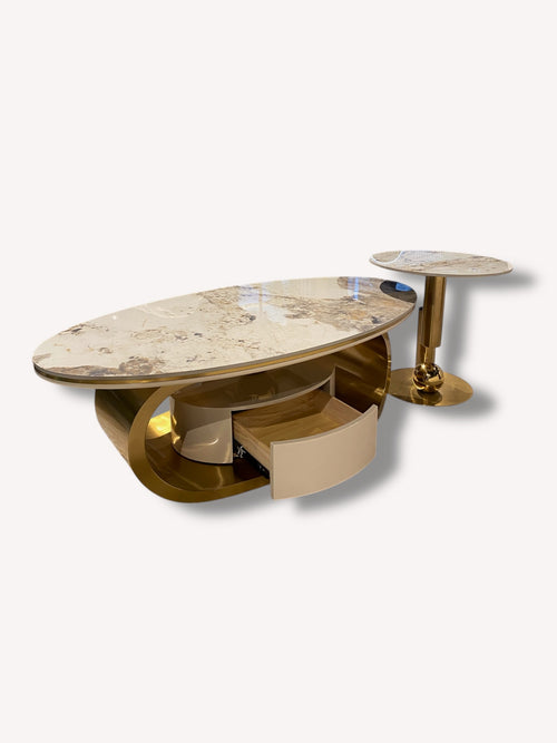 Ball oval marble look coffee table with bronze loop frame and storage drum, view 2