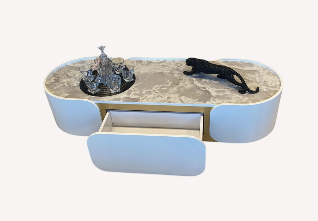 Cancun oval cream coffee table with stone top and gold feet, view 2