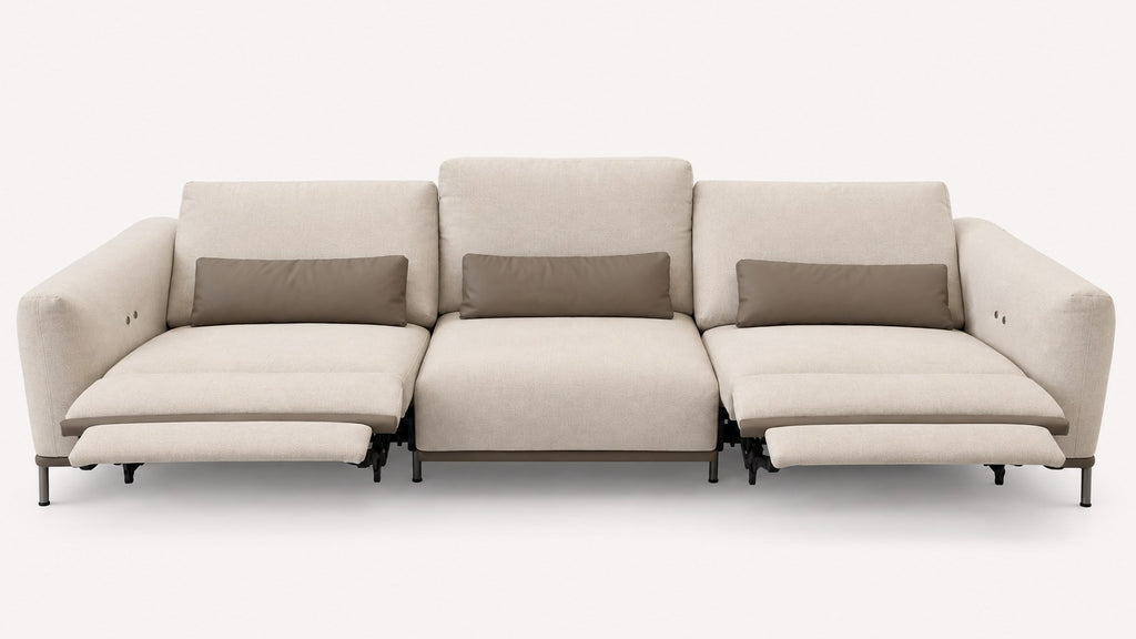 Amora modern power reclining sofa with faux leather accent pillows, view 2