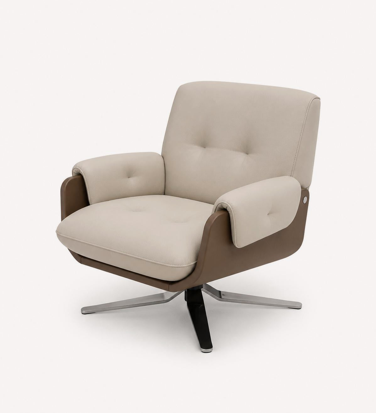 Franco retro swivel lounge chair with brown shell and light upholstered seat, view 2