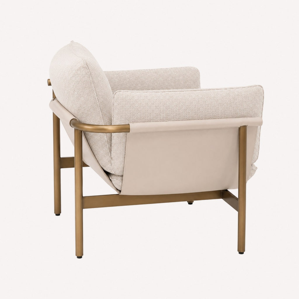 Allison modern accent chair in woven fabric and vegan leather on metal frame, view 2