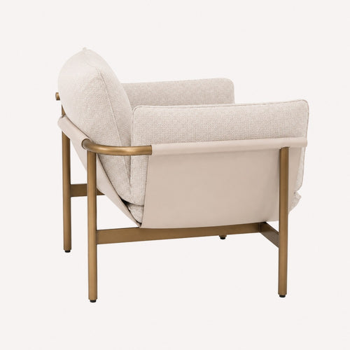 Allison modern accent chair in woven fabric and vegan leather on metal frame, view 2