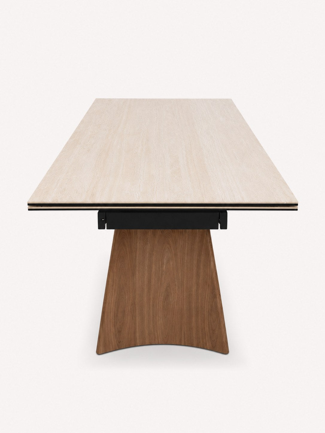 Hadar extendable travertine-look dining table with wood-tone base, view 2
