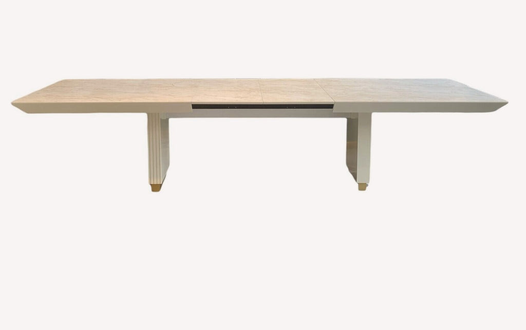 Strip marble look dining table on white panel legs, view 2