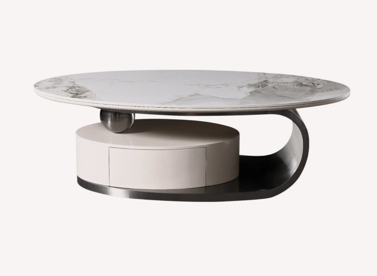 Dori oval marble look coffee table with looping frame and storage drum, view 2