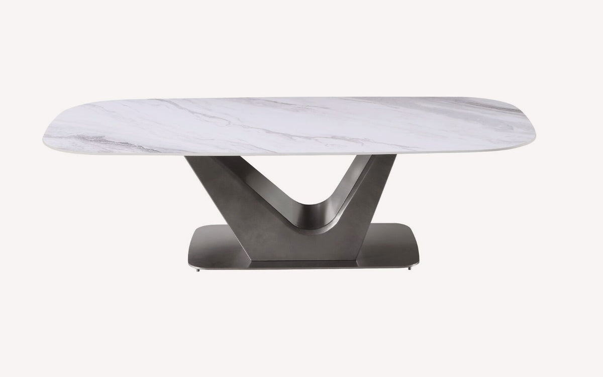 Vivian white marble look coffee table on V shaped base, view 2