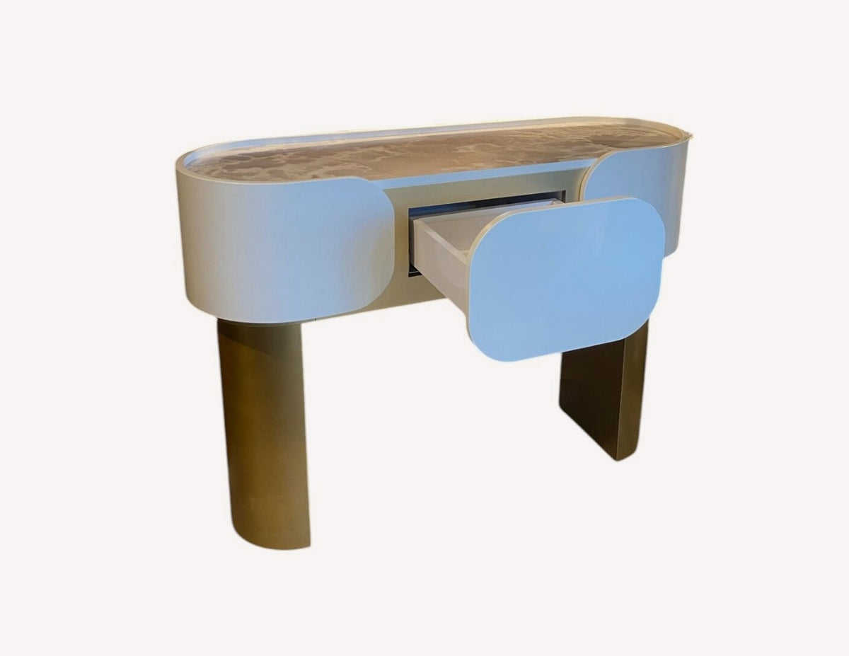 Cancun cream petal console table on gold legs, view 2