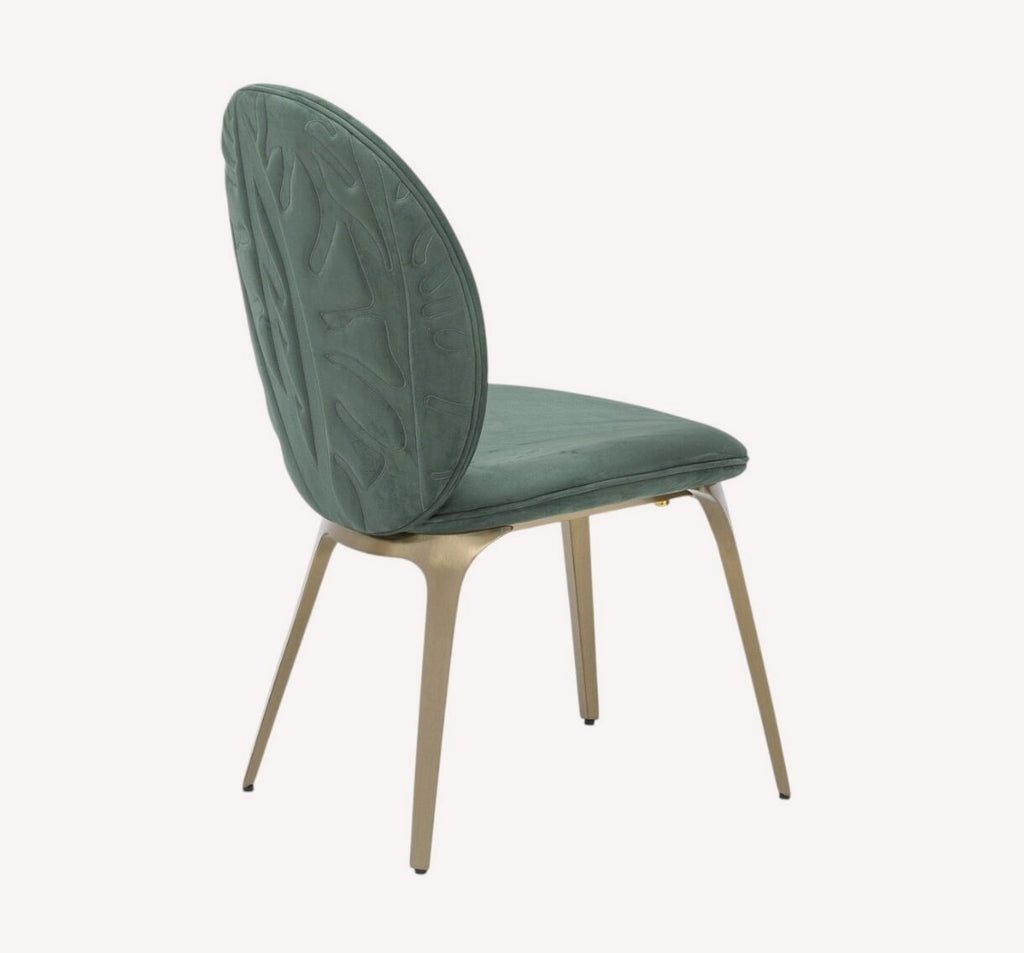 Rose sage velvet dining chair with embossed oval back, view 2