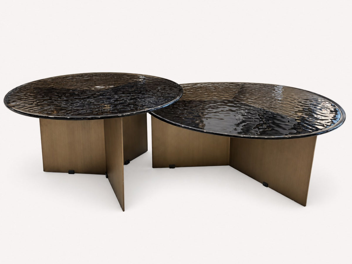 Glow set of two round textured glass coffee tables with bronze bases, view 2