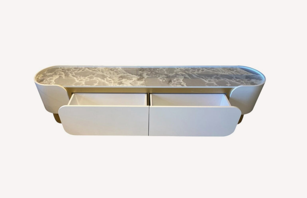 Cancun long low cream media console with gold feet, view 2