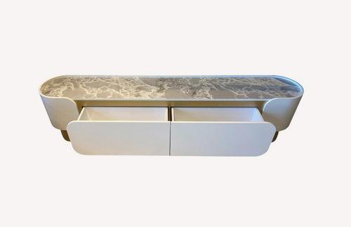 Cancun long low cream media console with gold feet, view 2