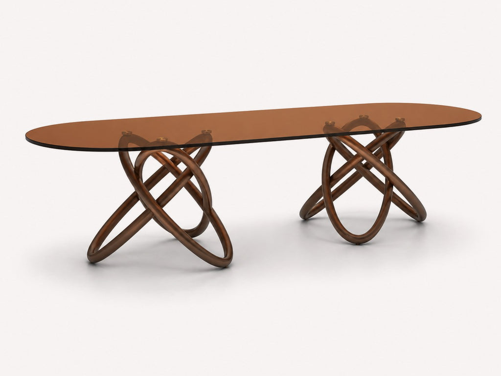 Orian rectangular glass dining table on sculptural interlocking wood base, view 2