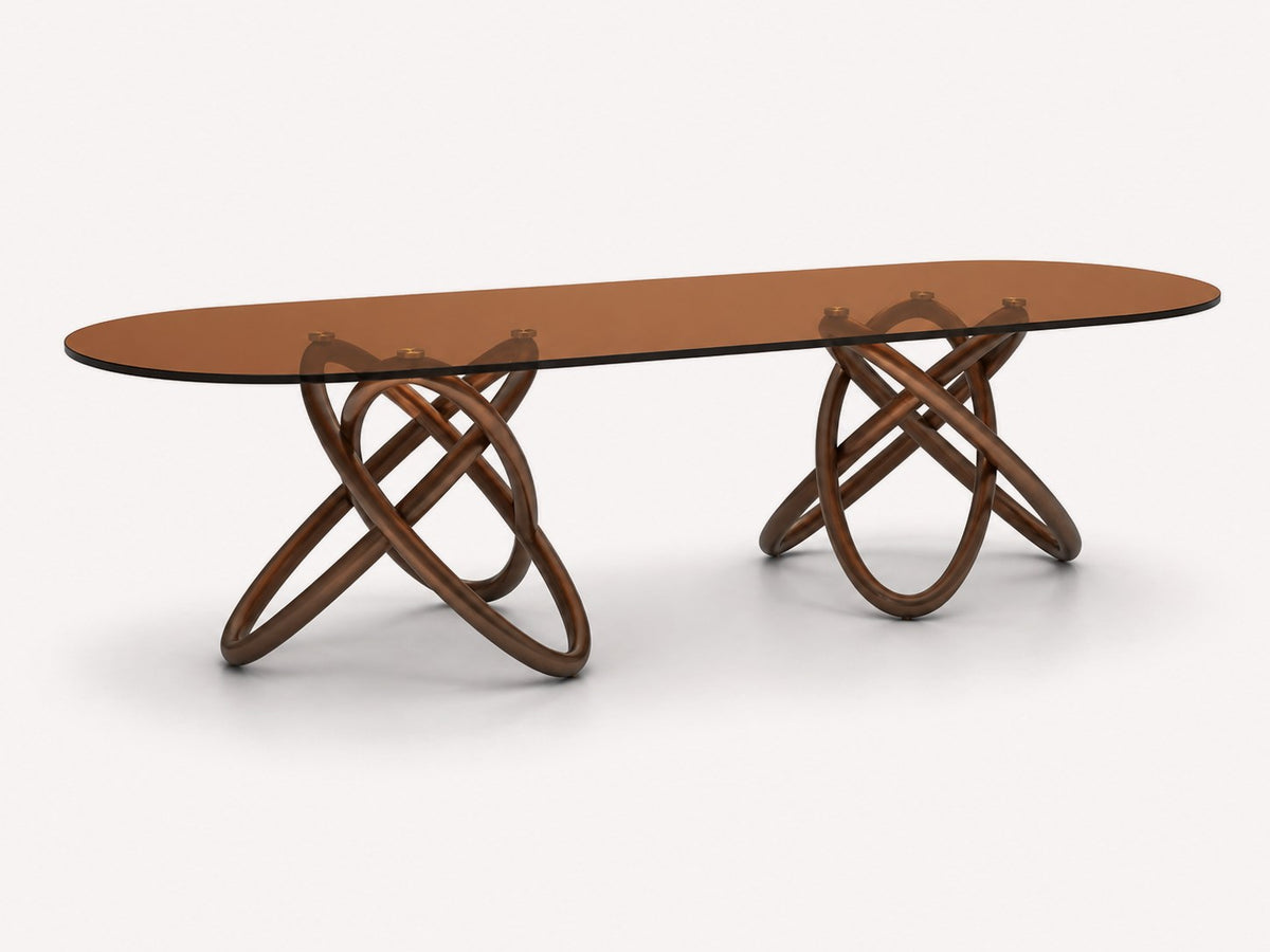 Orian rectangular glass dining table on sculptural interlocking wood base, view 2