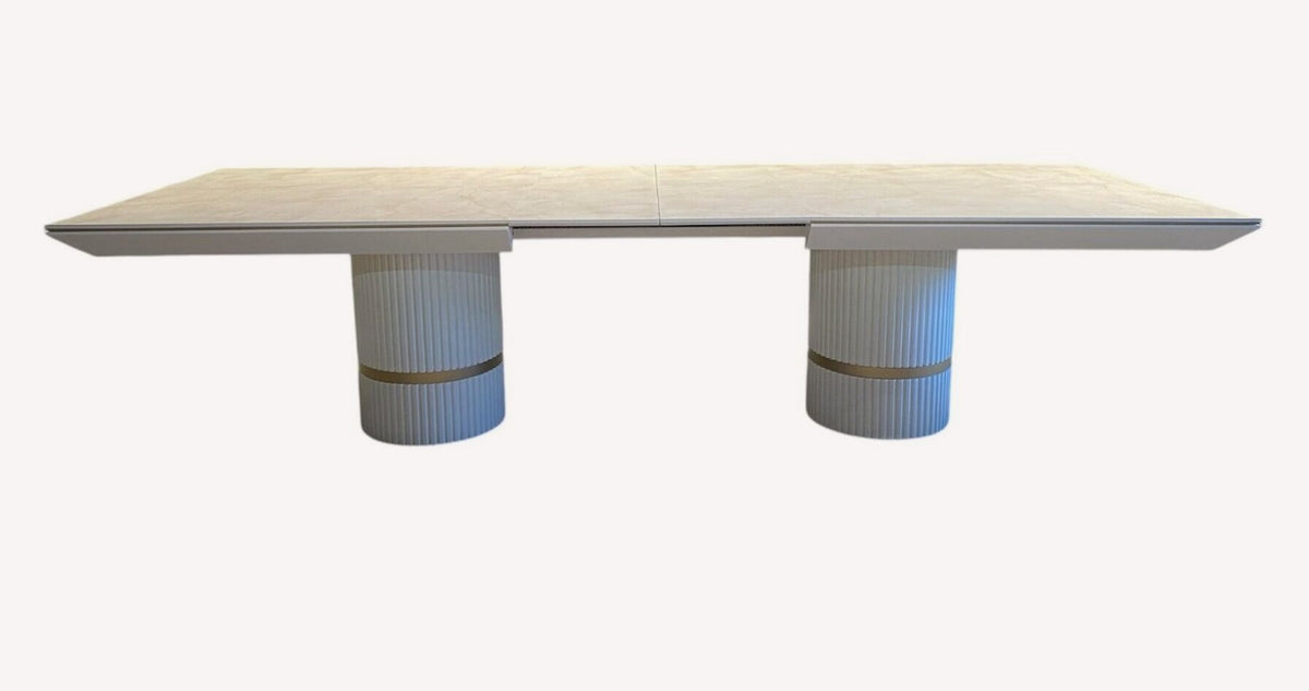 Imperia dining table on two fluted white pedestals with gold band, view 2